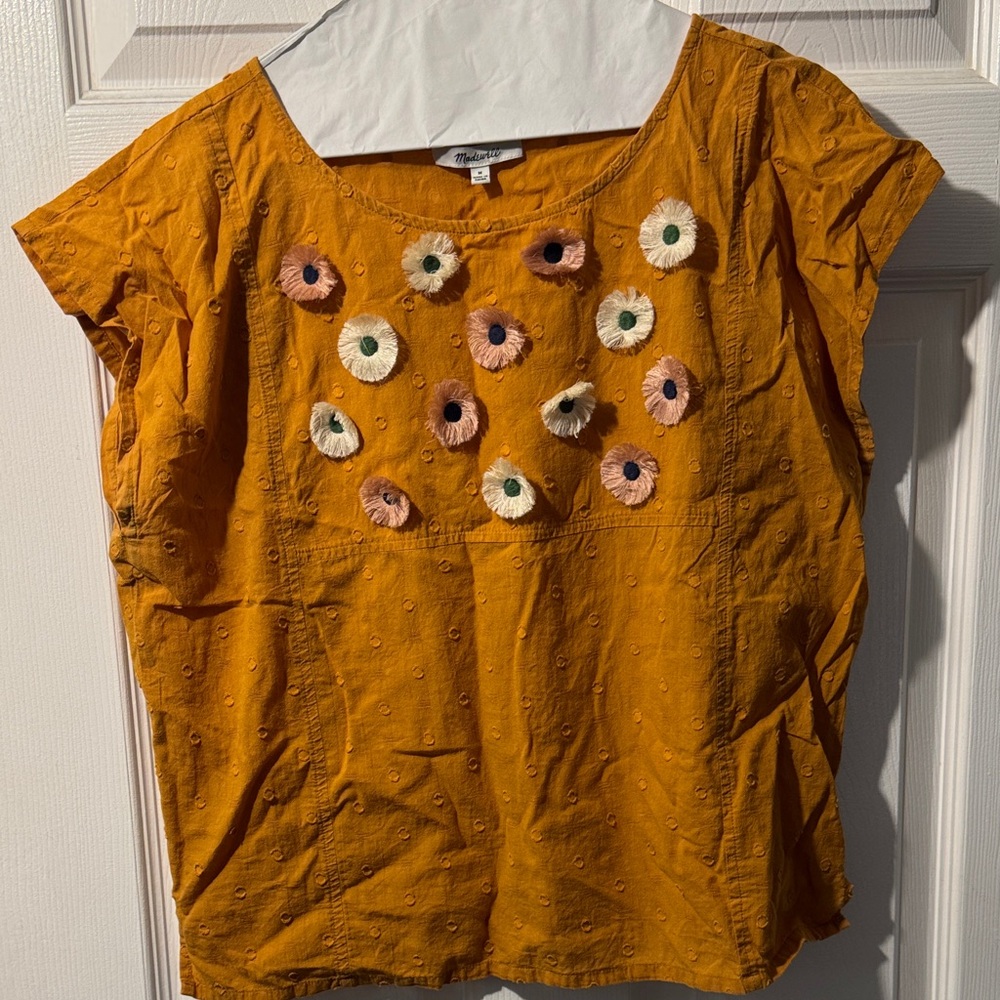 Madewell Mustard Embroidered Floral Cap-Sleeve Blouse
